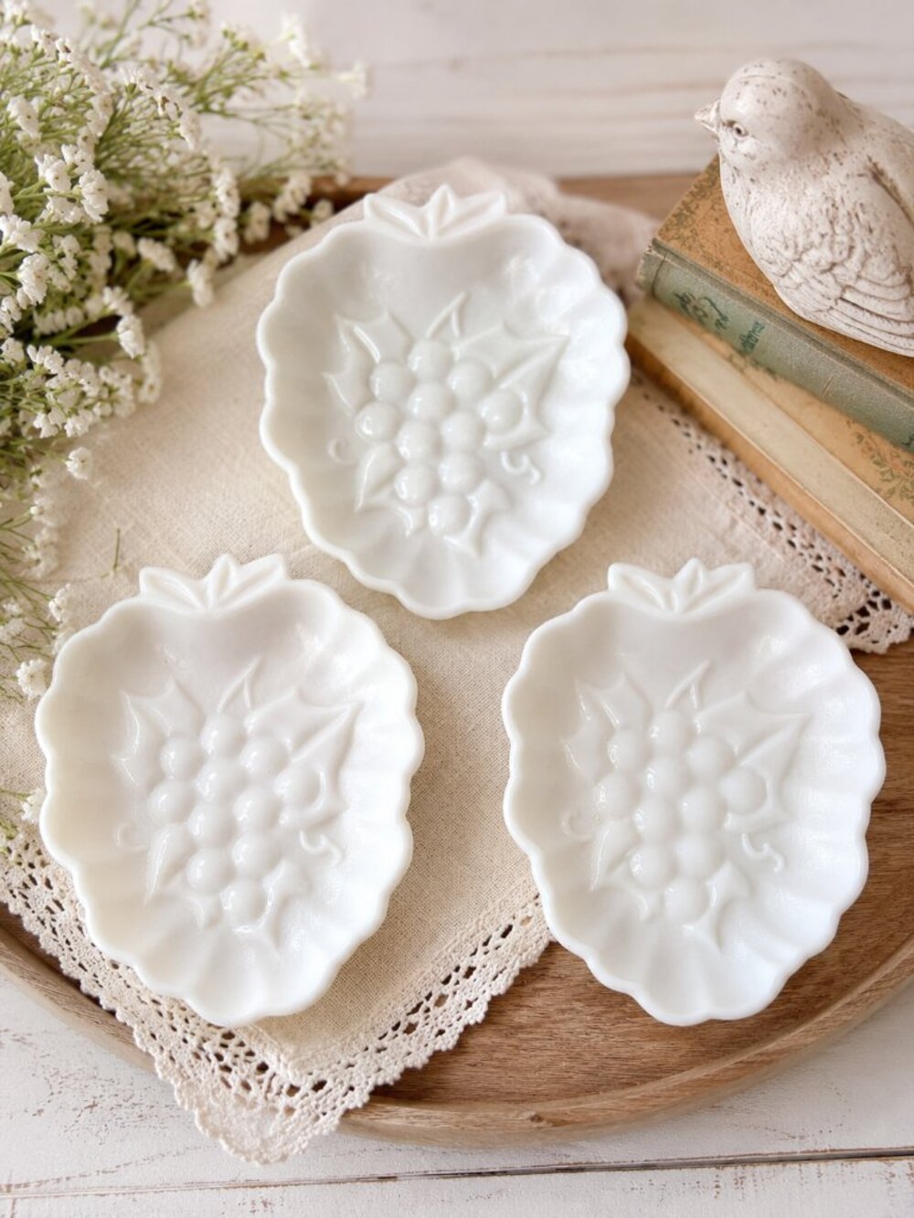 Vintage Milk Glass Grape & Leaf Dishes Set of 3 Embossed Scalloped Fruit Shape
